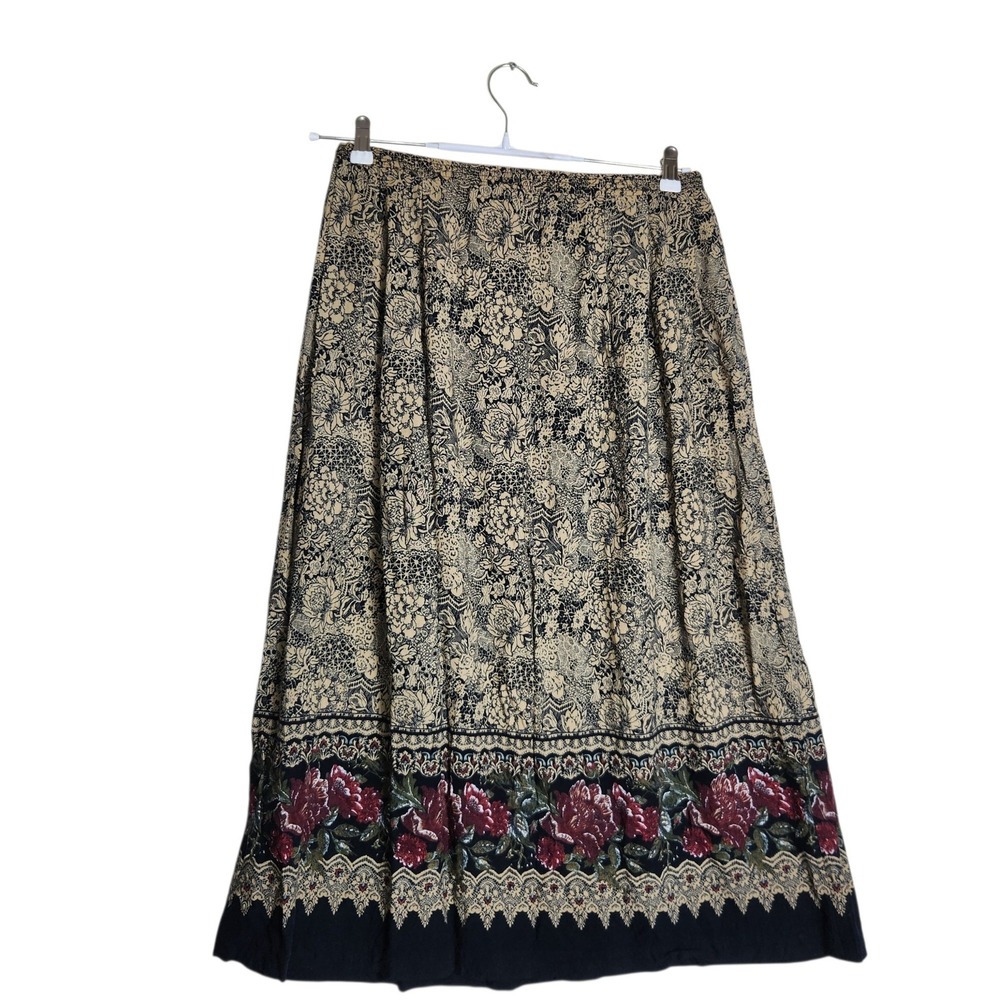 Liz Baker Essentials Floral Rayon Midi Skirt Black Cream Red Rose Border Medium
